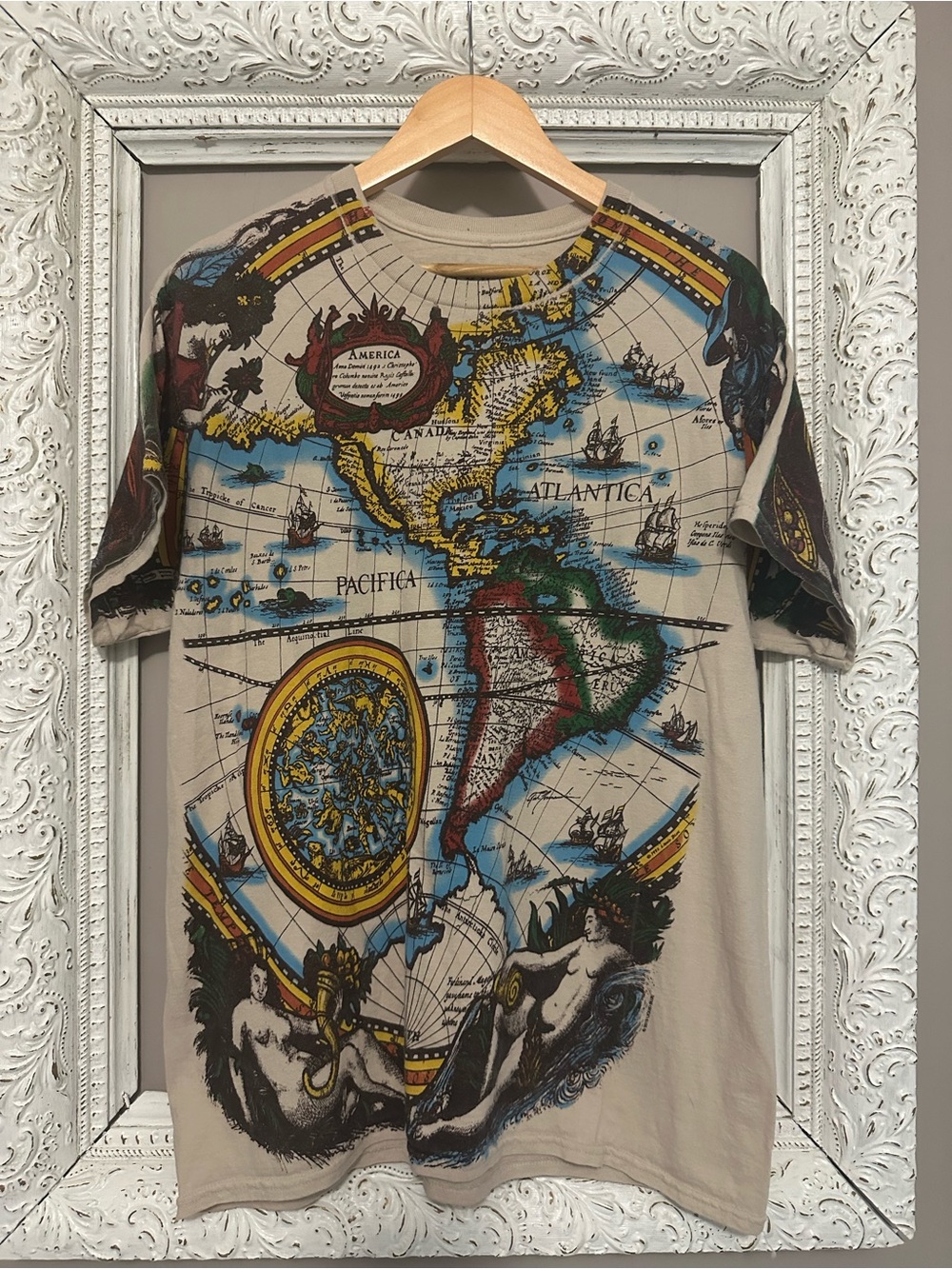 Liquid Blue Old World Map All-Over Print Graphic Tee Tan Size Large